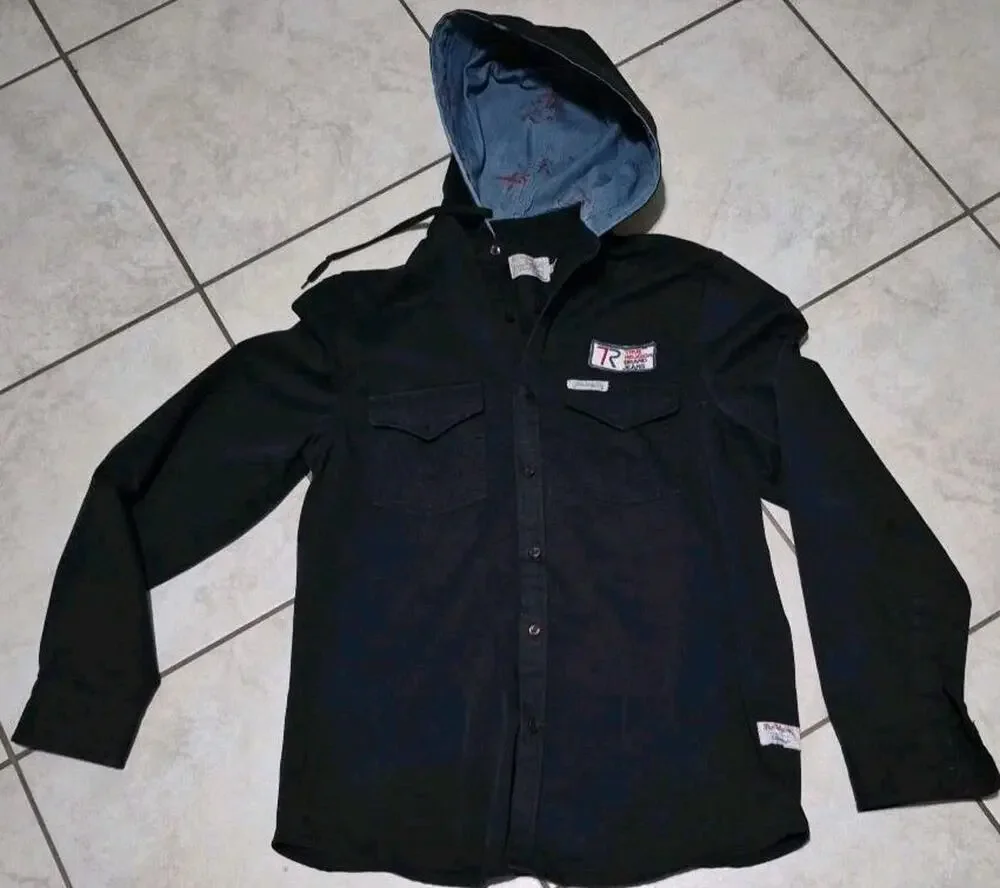 True Religion Mens XL Hooded Shirt Jacket Black 100% Cotton Made USA #0295